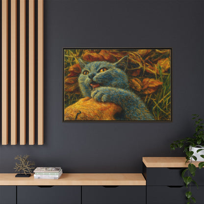 Whimsical Cat Wall Art, Blue Cat Framed Print, Colorful Canvas Decor, Pet Lover Gift, Funny Home Accent