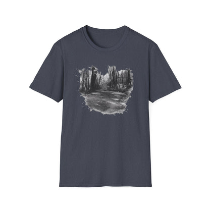 Unisex Softstyle T-Shirt with Abstract Landscape Art, Casual Wear, Gift for Art Lovers, Everyday Fashion, Nature Inspired Tee
