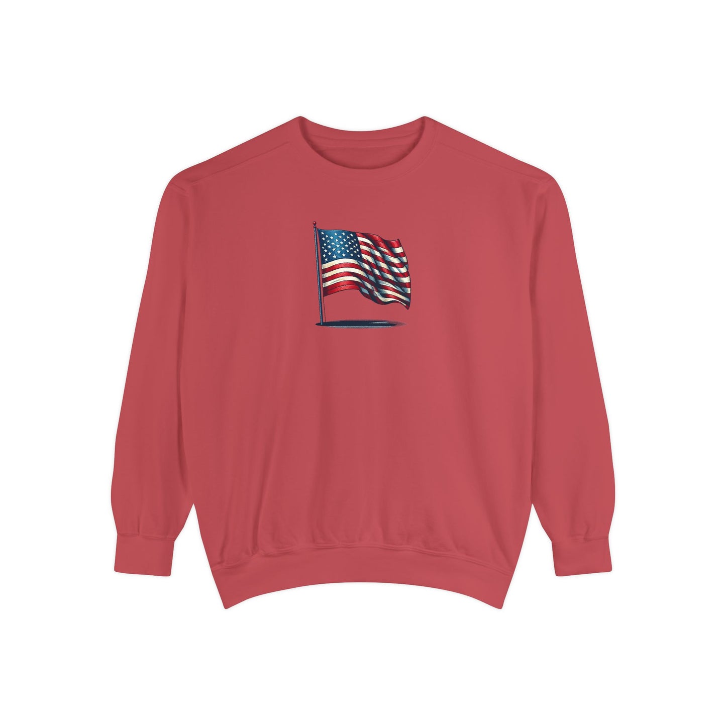 Patriotic Unisex Garment-Dyed Sweatshirt with Vintage American Flag, Cozy Fall Outfit, Statement Sweater, Gift for Veterans, Casual Fashion