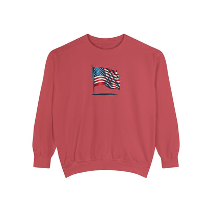 Patriotic Unisex Garment-Dyed Sweatshirt with Vintage American Flag, Cozy Fall Outfit, Statement Sweater, Gift for Veterans, Casual Fashion
