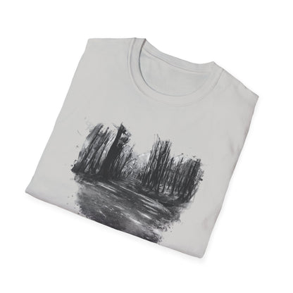 Unisex Softstyle T-Shirt with Abstract Landscape Art, Casual Wear, Gift for Art Lovers, Everyday Fashion, Nature Inspired Tee