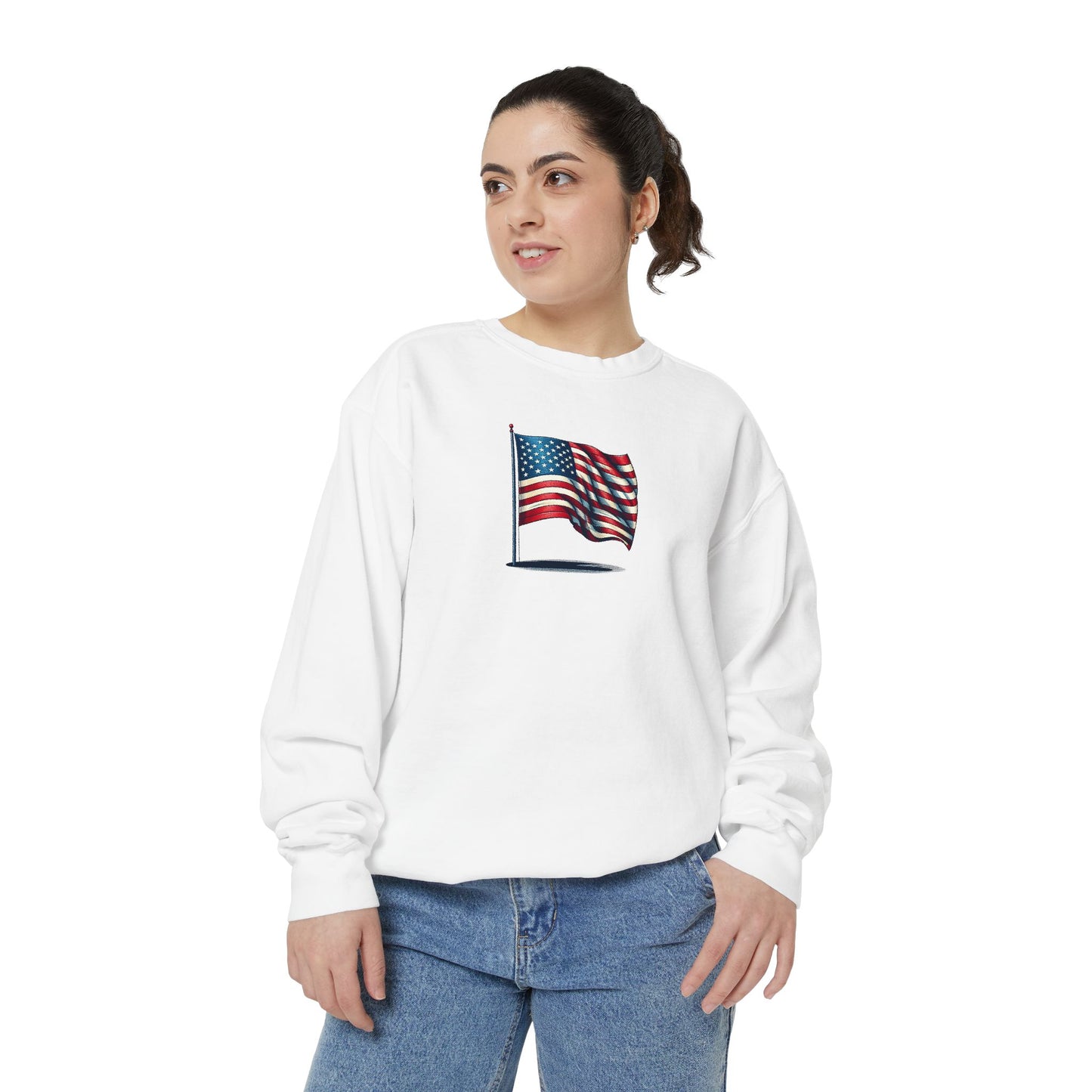Patriotic Unisex Garment-Dyed Sweatshirt with Vintage American Flag, Cozy Fall Outfit, Statement Sweater, Gift for Veterans, Casual Fashion