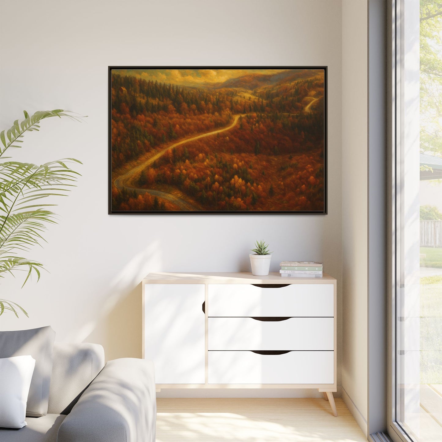 Autumn Landscape Framed Canvas Art, Cozy Home Decor, Warm Fall Vibes, Gift for Nature Lovers, Perfect for Thanksgiving