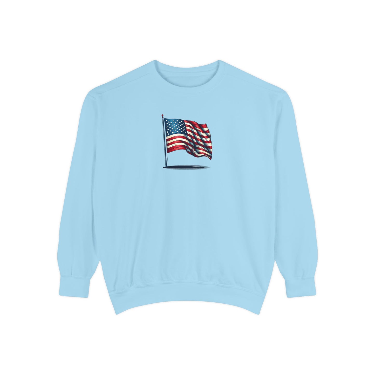 Patriotic Unisex Garment-Dyed Sweatshirt with Vintage American Flag, Cozy Fall Outfit, Statement Sweater, Gift for Veterans, Casual Fashion