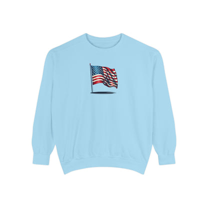 Patriotic Unisex Garment-Dyed Sweatshirt with Vintage American Flag, Cozy Fall Outfit, Statement Sweater, Gift for Veterans, Casual Fashion
