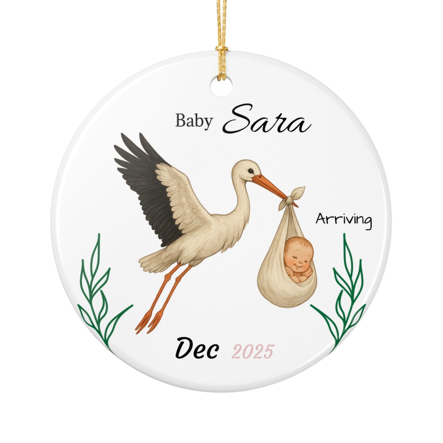 Stork with Baby, Personalized Name and Due Date Ornament Ceramic Ornament