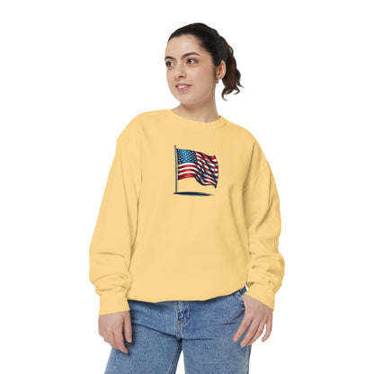 Patriotic Unisex Garment-Dyed Sweatshirt with Vintage American Flag, Cozy Fall Outfit, Statement Sweater, Gift for Veterans, Casual Fashion