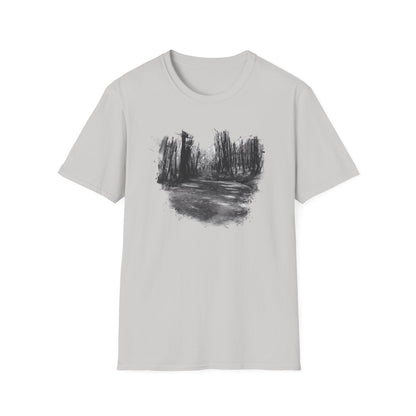 Unisex Softstyle T-Shirt with Abstract Landscape Art, Casual Wear, Gift for Art Lovers, Everyday Fashion, Nature Inspired Tee