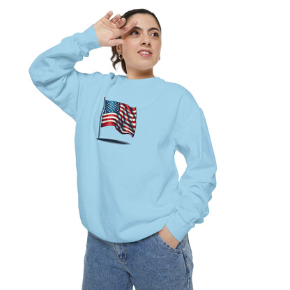 Patriotic Unisex Garment-Dyed Sweatshirt with Vintage American Flag, Cozy Fall Outfit, Statement Sweater, Gift for Veterans, Casual Fashion