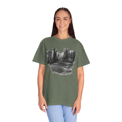 Artistic Forest Scene T-shirt | Nature Lover Gift, Outdoor Adventure Tee, Eco-Friendly Fashion, Vintage Inspired Clothing, Unisex Gift