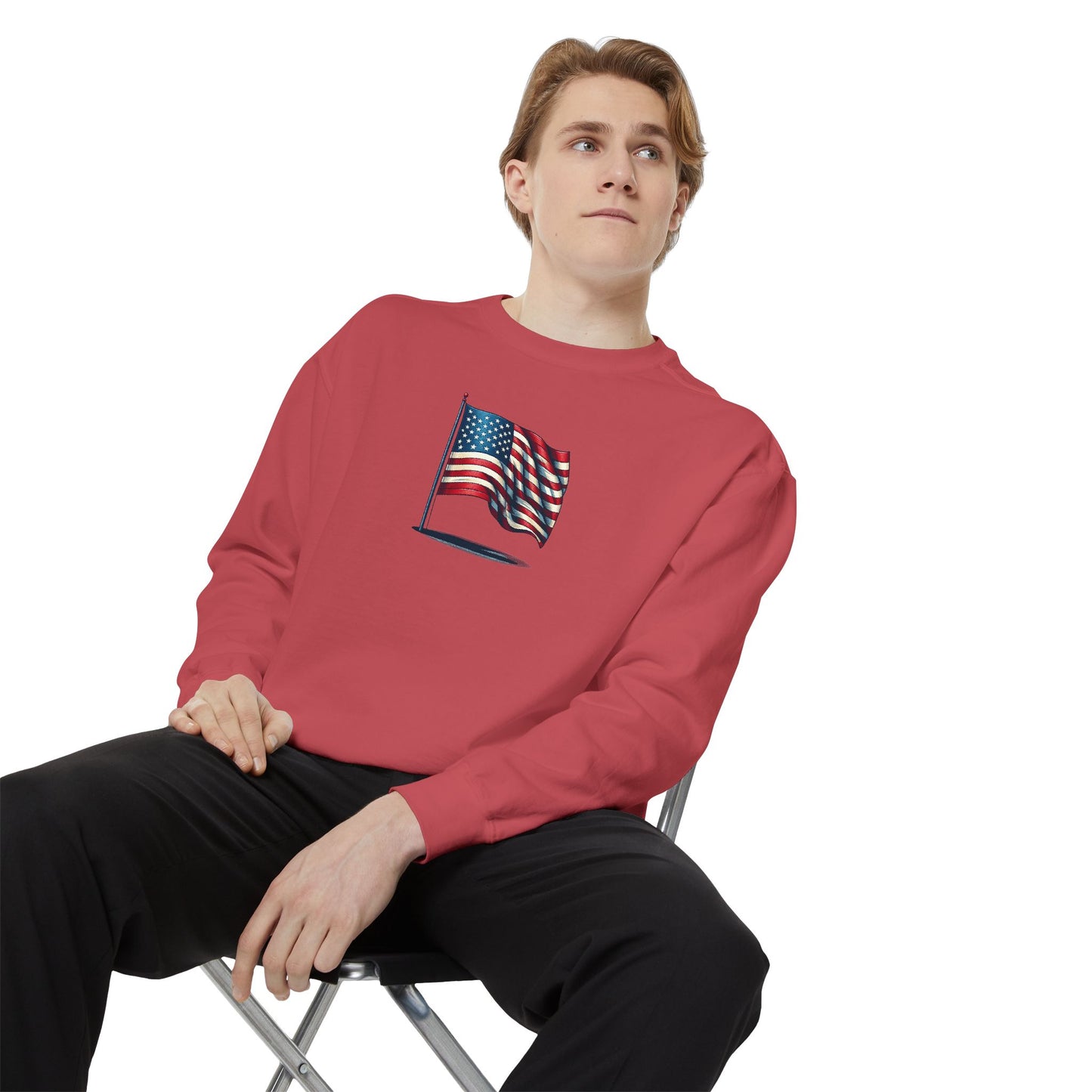 Patriotic Unisex Garment-Dyed Sweatshirt with Vintage American Flag, Cozy Fall Outfit, Statement Sweater, Gift for Veterans, Casual Fashion