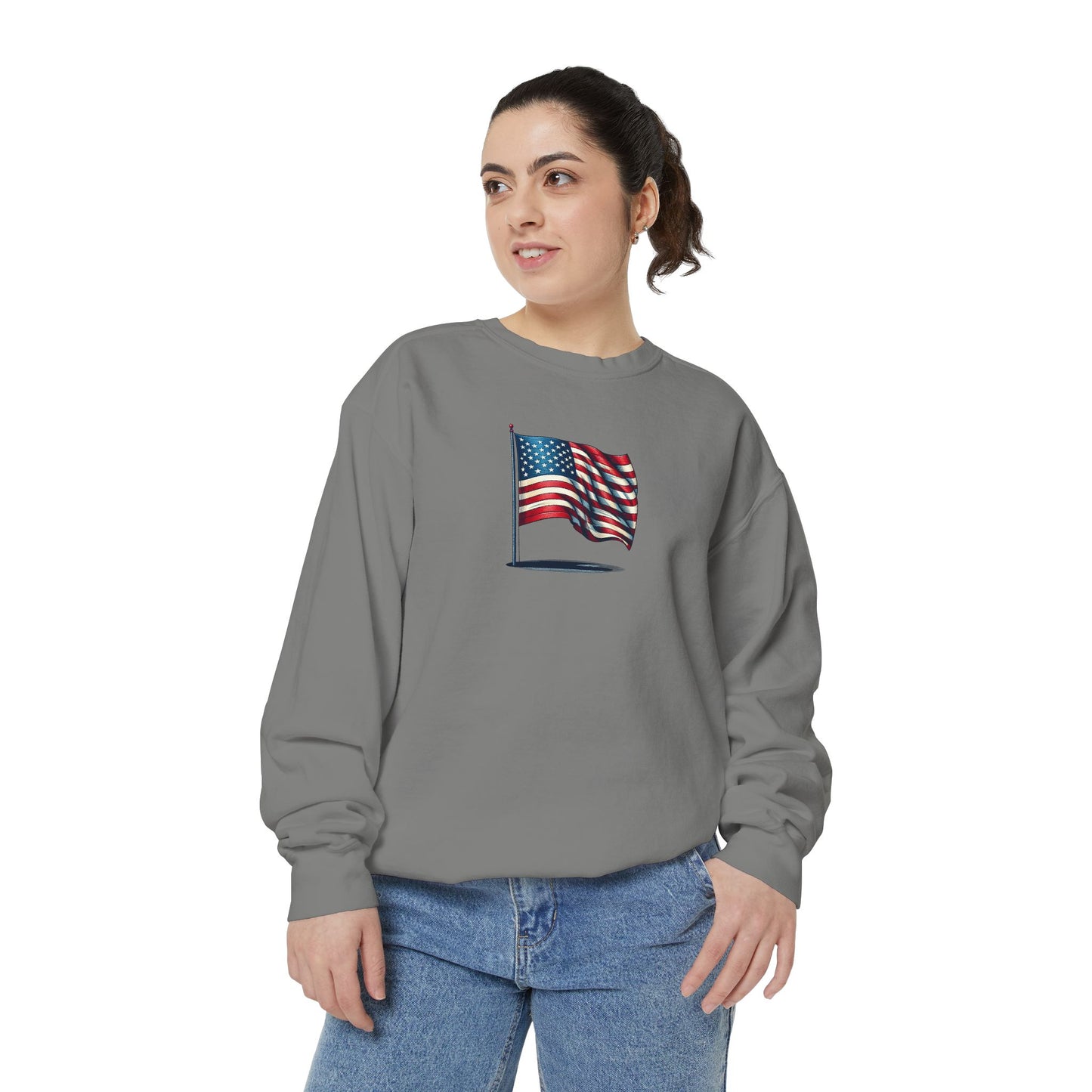 Patriotic Unisex Garment-Dyed Sweatshirt with Vintage American Flag, Cozy Fall Outfit, Statement Sweater, Gift for Veterans, Casual Fashion