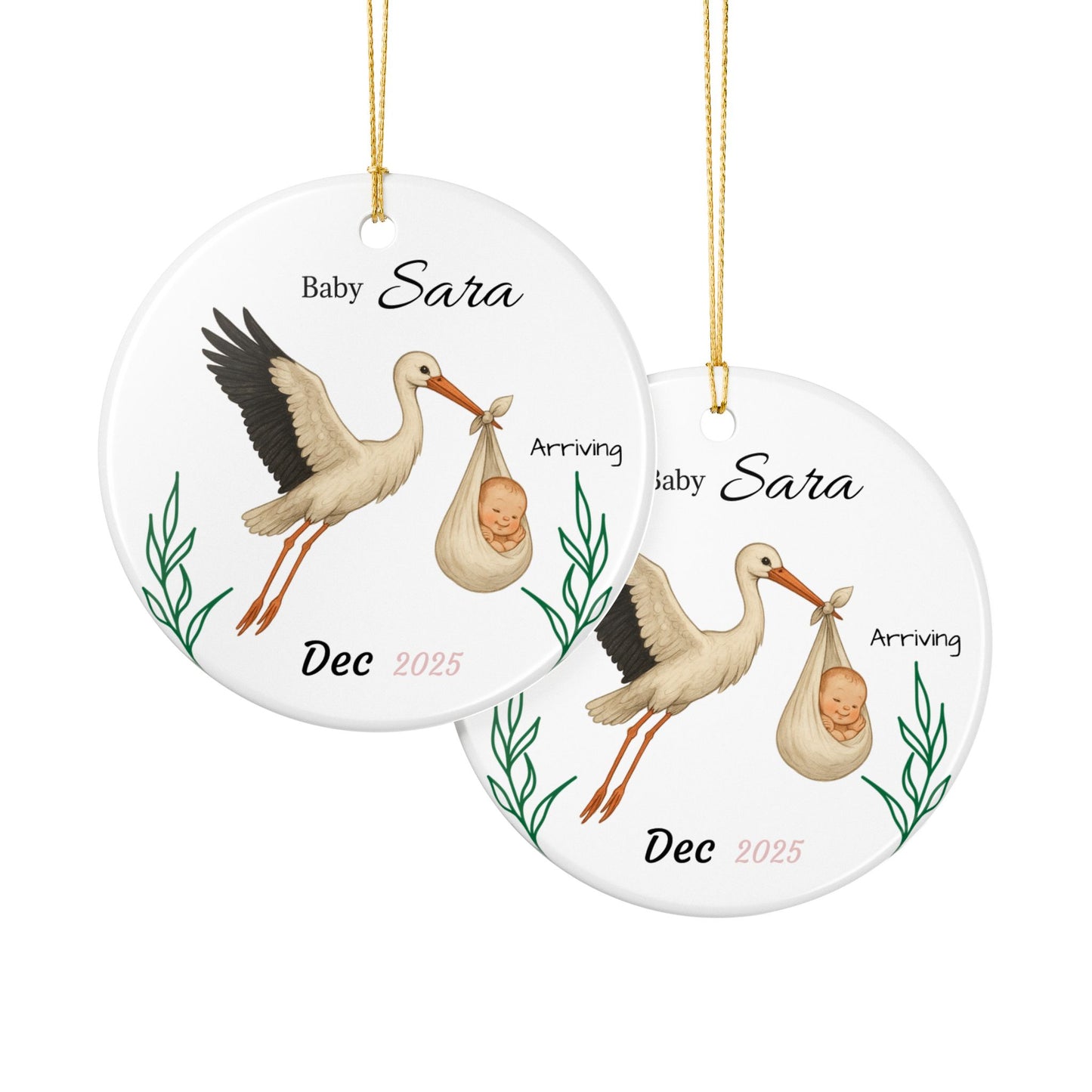 Stork with Baby, Personalized Name and Due Date Ornament Ceramic Ornament