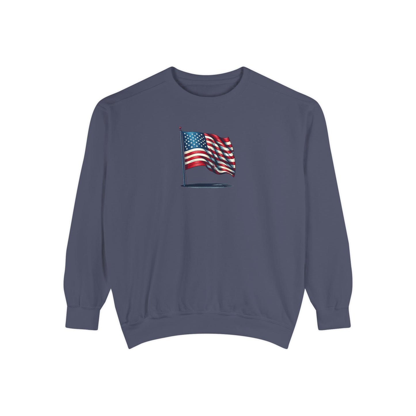 Patriotic Unisex Garment-Dyed Sweatshirt with Vintage American Flag, Cozy Fall Outfit, Statement Sweater, Gift for Veterans, Casual Fashion