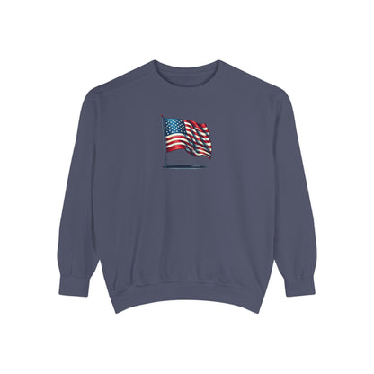 Patriotic Unisex Garment-Dyed Sweatshirt with Vintage American Flag, Cozy Fall Outfit, Statement Sweater, Gift for Veterans, Casual Fashion