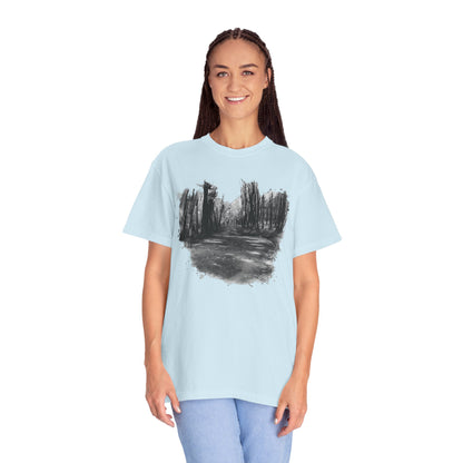 Artistic Forest Scene T-shirt | Nature Lover Gift, Outdoor Adventure Tee, Eco-Friendly Fashion, Vintage Inspired Clothing, Unisex Gift