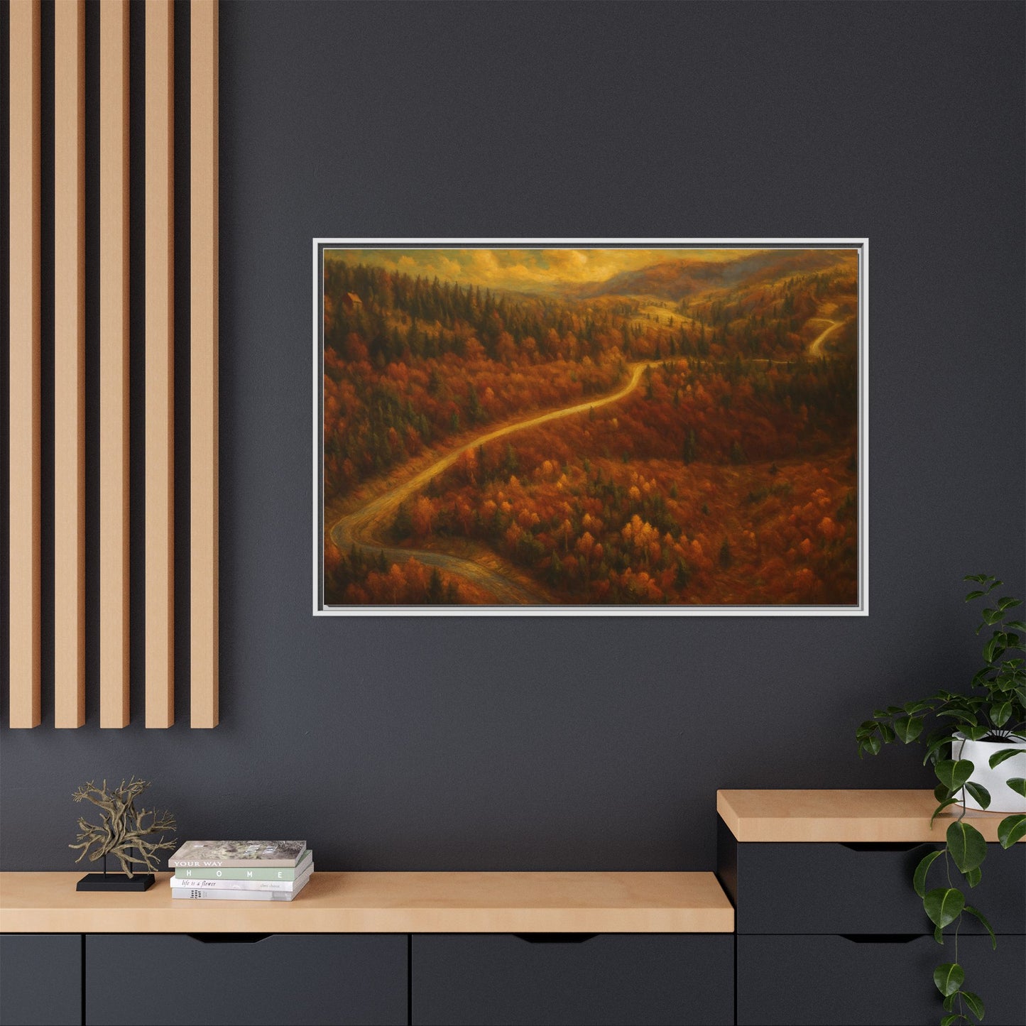 Autumn Landscape Framed Canvas Art, Cozy Home Decor, Warm Fall Vibes, Gift for Nature Lovers, Perfect for Thanksgiving