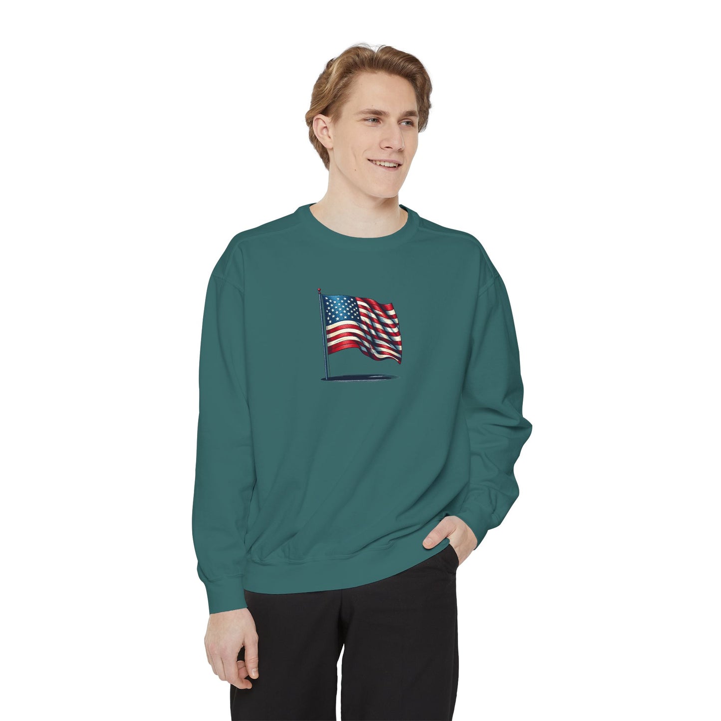 Patriotic Unisex Garment-Dyed Sweatshirt with Vintage American Flag, Cozy Fall Outfit, Statement Sweater, Gift for Veterans, Casual Fashion