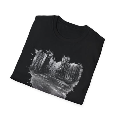 Unisex Softstyle T-Shirt with Abstract Landscape Art, Casual Wear, Gift for Art Lovers, Everyday Fashion, Nature Inspired Tee