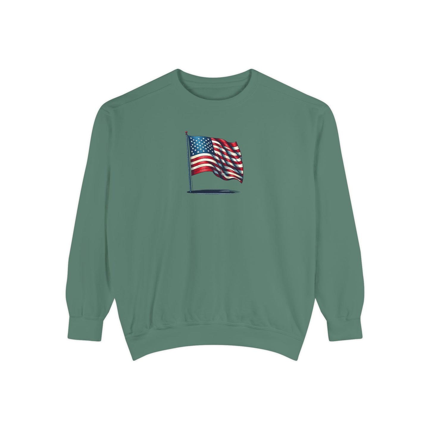 Patriotic Unisex Garment-Dyed Sweatshirt with Vintage American Flag, Cozy Fall Outfit, Statement Sweater, Gift for Veterans, Casual Fashion
