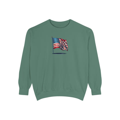 Patriotic Unisex Garment-Dyed Sweatshirt with Vintage American Flag, Cozy Fall Outfit, Statement Sweater, Gift for Veterans, Casual Fashion