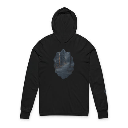 Unisex Hooded Long Sleeve Tee with Dreamy Forest Design | Cozy Casual Wear, Perfect for Camping, Hiking, Gift for Nature Lovers