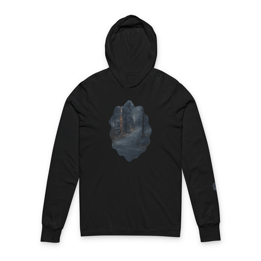 Unisex Hooded Long Sleeve Tee with Dreamy Forest Design | Cozy Casual Wear, Perfect for Camping, Hiking, Gift for Nature Lovers