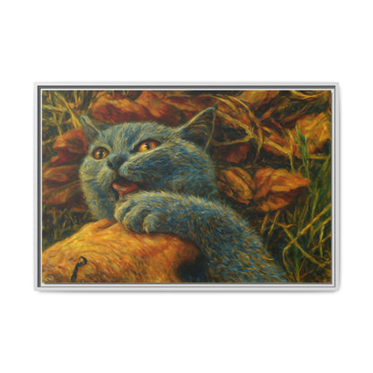 Whimsical Cat Wall Art, Blue Cat Framed Print, Colorful Canvas Decor, Pet Lover Gift, Funny Home Accent