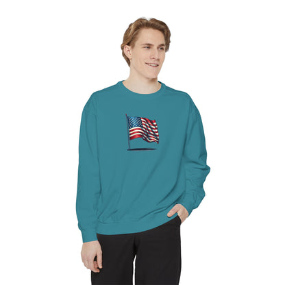 Patriotic Unisex Garment-Dyed Sweatshirt with Vintage American Flag, Cozy Fall Outfit, Statement Sweater, Gift for Veterans, Casual Fashion