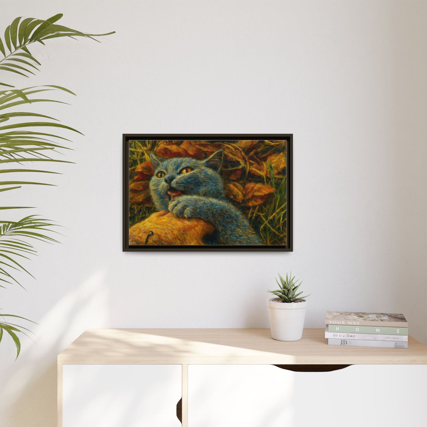 Whimsical Cat Wall Art, Blue Cat Framed Print, Colorful Canvas Decor, Pet Lover Gift, Funny Home Accent