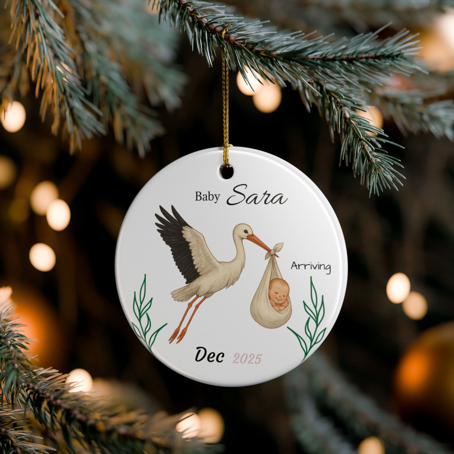 Stork with Baby, Personalized Name and Due Date Ornament Ceramic Ornament