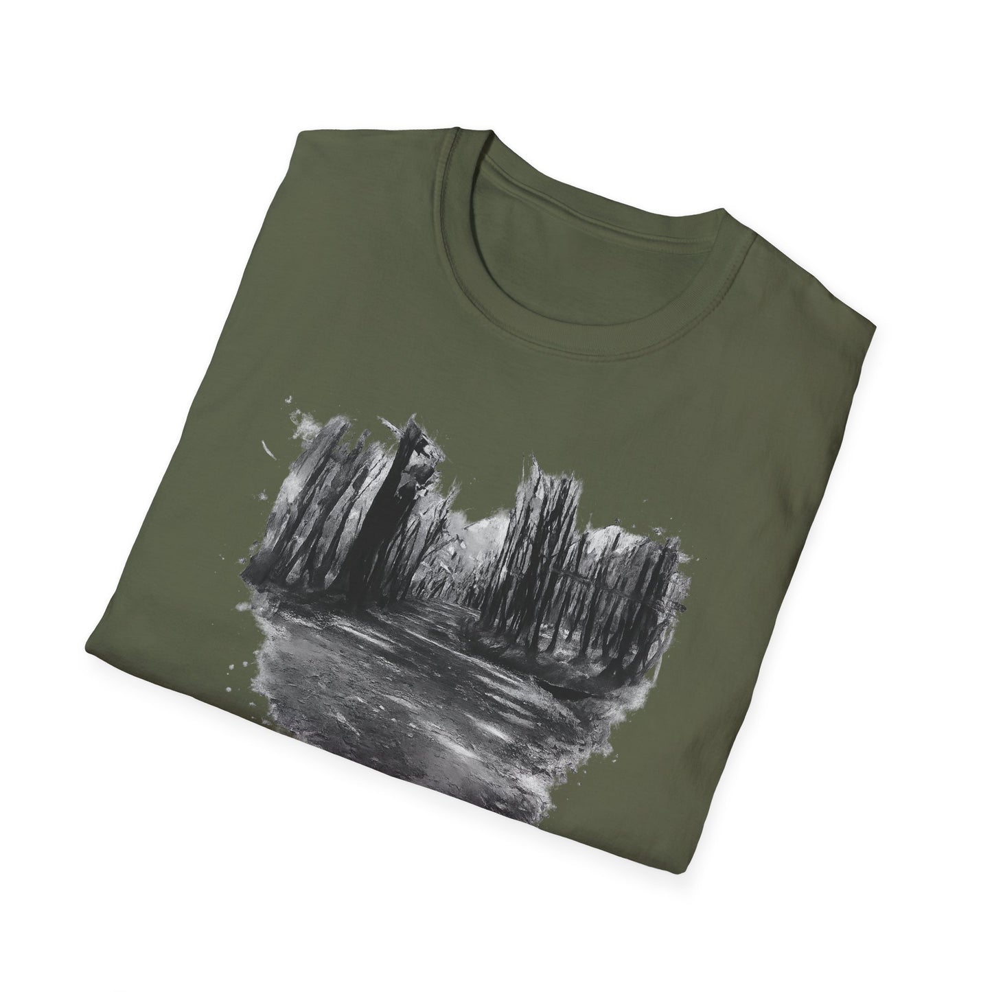 Unisex Softstyle T-Shirt with Abstract Landscape Art, Casual Wear, Gift for Art Lovers, Everyday Fashion, Nature Inspired Tee