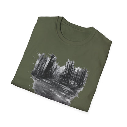Unisex Softstyle T-Shirt with Abstract Landscape Art, Casual Wear, Gift for Art Lovers, Everyday Fashion, Nature Inspired Tee