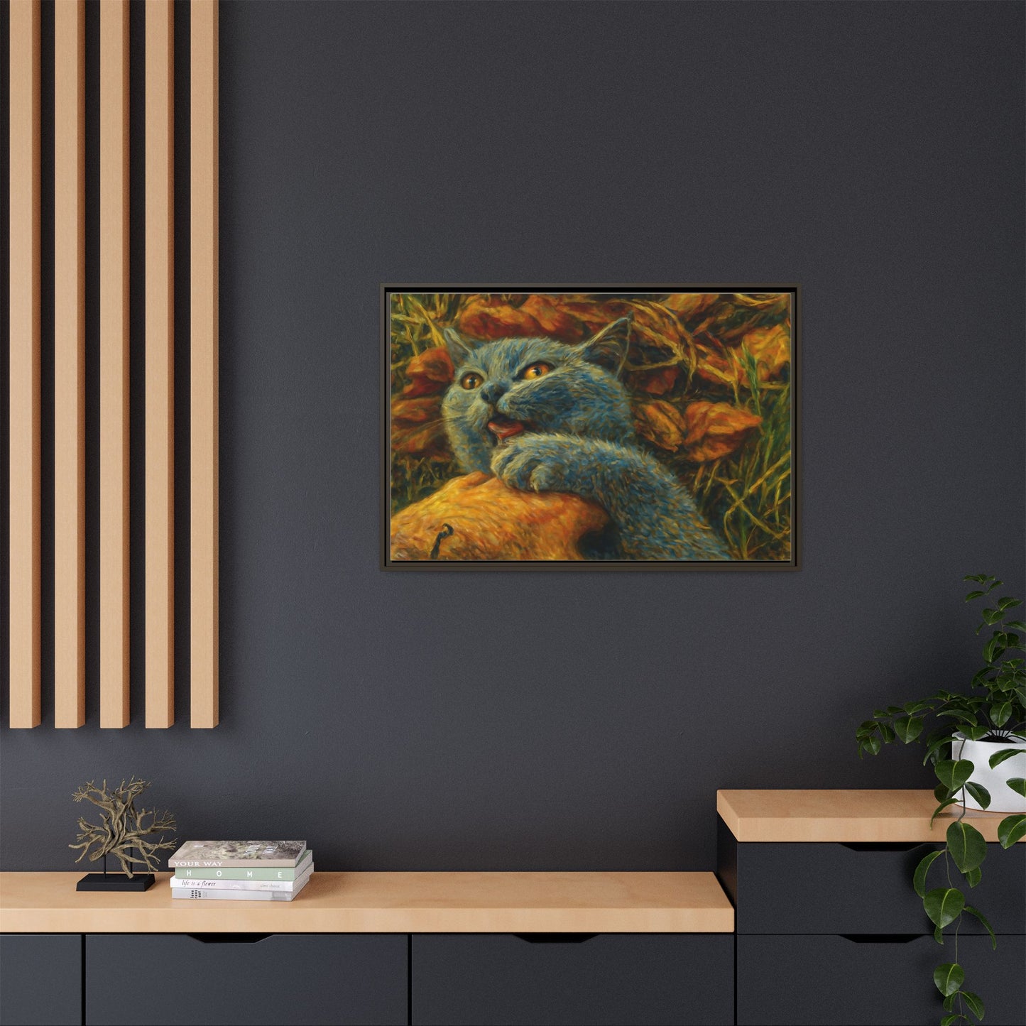 Whimsical Cat Wall Art, Blue Cat Framed Print, Colorful Canvas Decor, Pet Lover Gift, Funny Home Accent