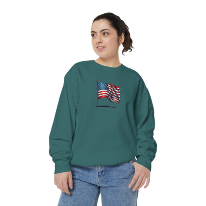Patriotic Unisex Garment-Dyed Sweatshirt with Vintage American Flag, Cozy Fall Outfit, Statement Sweater, Gift for Veterans, Casual Fashion