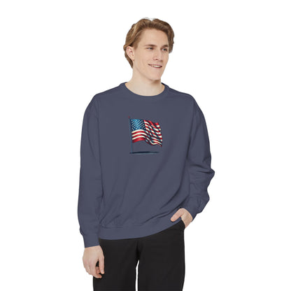 Patriotic Unisex Garment-Dyed Sweatshirt with Vintage American Flag, Cozy Fall Outfit, Statement Sweater, Gift for Veterans, Casual Fashion