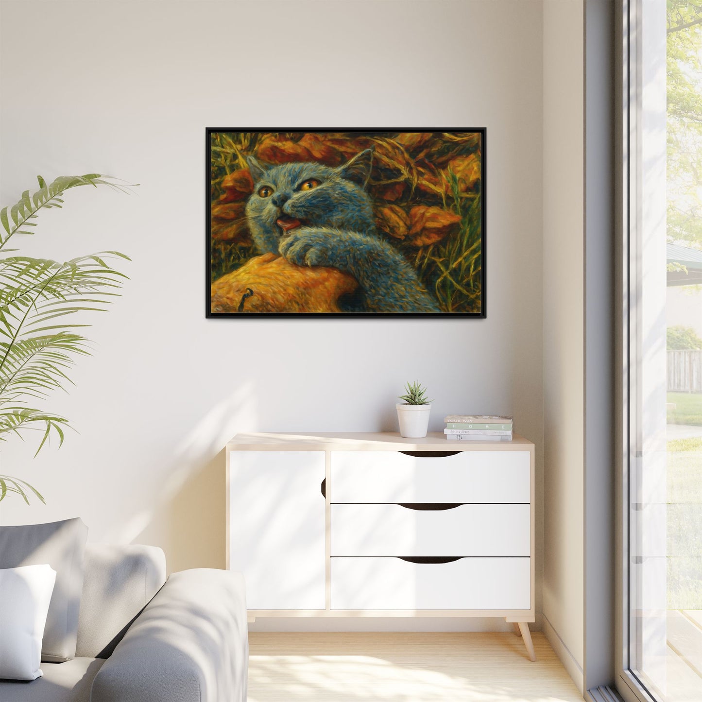 Whimsical Cat Wall Art, Blue Cat Framed Print, Colorful Canvas Decor, Pet Lover Gift, Funny Home Accent