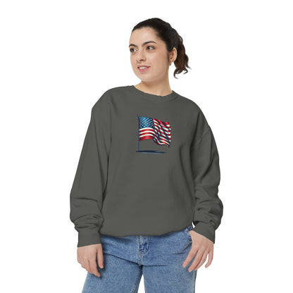 Patriotic Unisex Garment-Dyed Sweatshirt with Vintage American Flag, Cozy Fall Outfit, Statement Sweater, Gift for Veterans, Casual Fashion