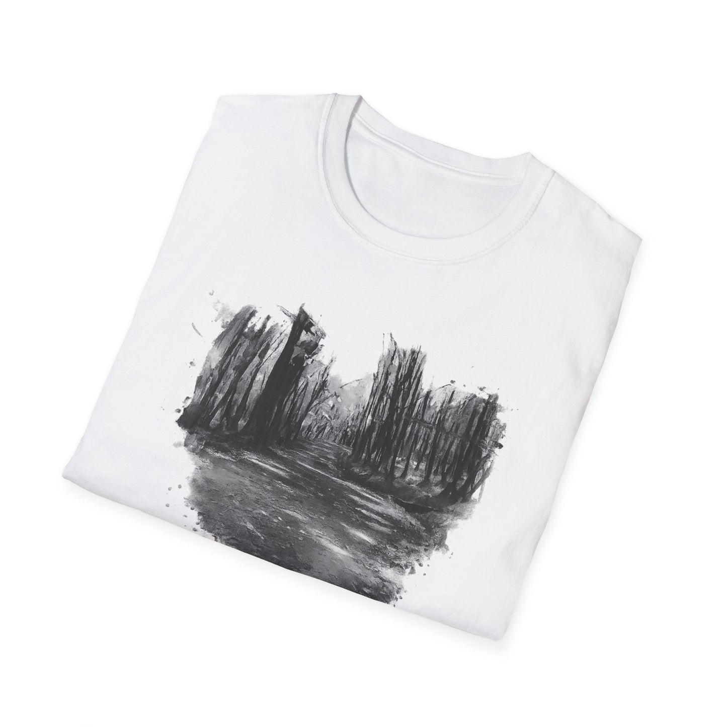 Unisex Softstyle T-Shirt with Abstract Landscape Art, Casual Wear, Gift for Art Lovers, Everyday Fashion, Nature Inspired Tee