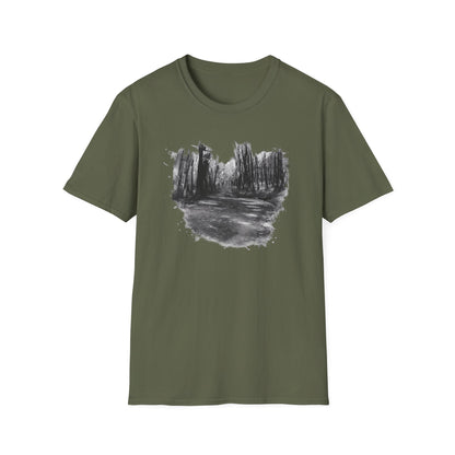 Unisex Softstyle T-Shirt with Abstract Landscape Art, Casual Wear, Gift for Art Lovers, Everyday Fashion, Nature Inspired Tee