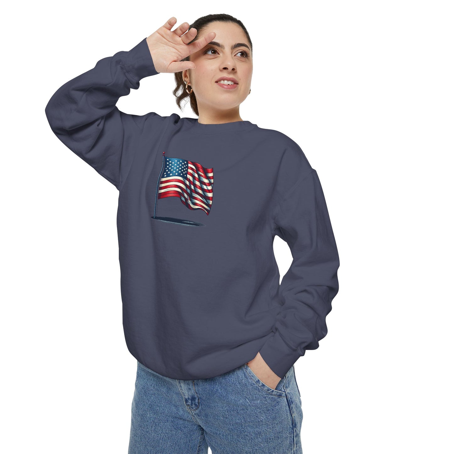 Patriotic Unisex Garment-Dyed Sweatshirt with Vintage American Flag, Cozy Fall Outfit, Statement Sweater, Gift for Veterans, Casual Fashion