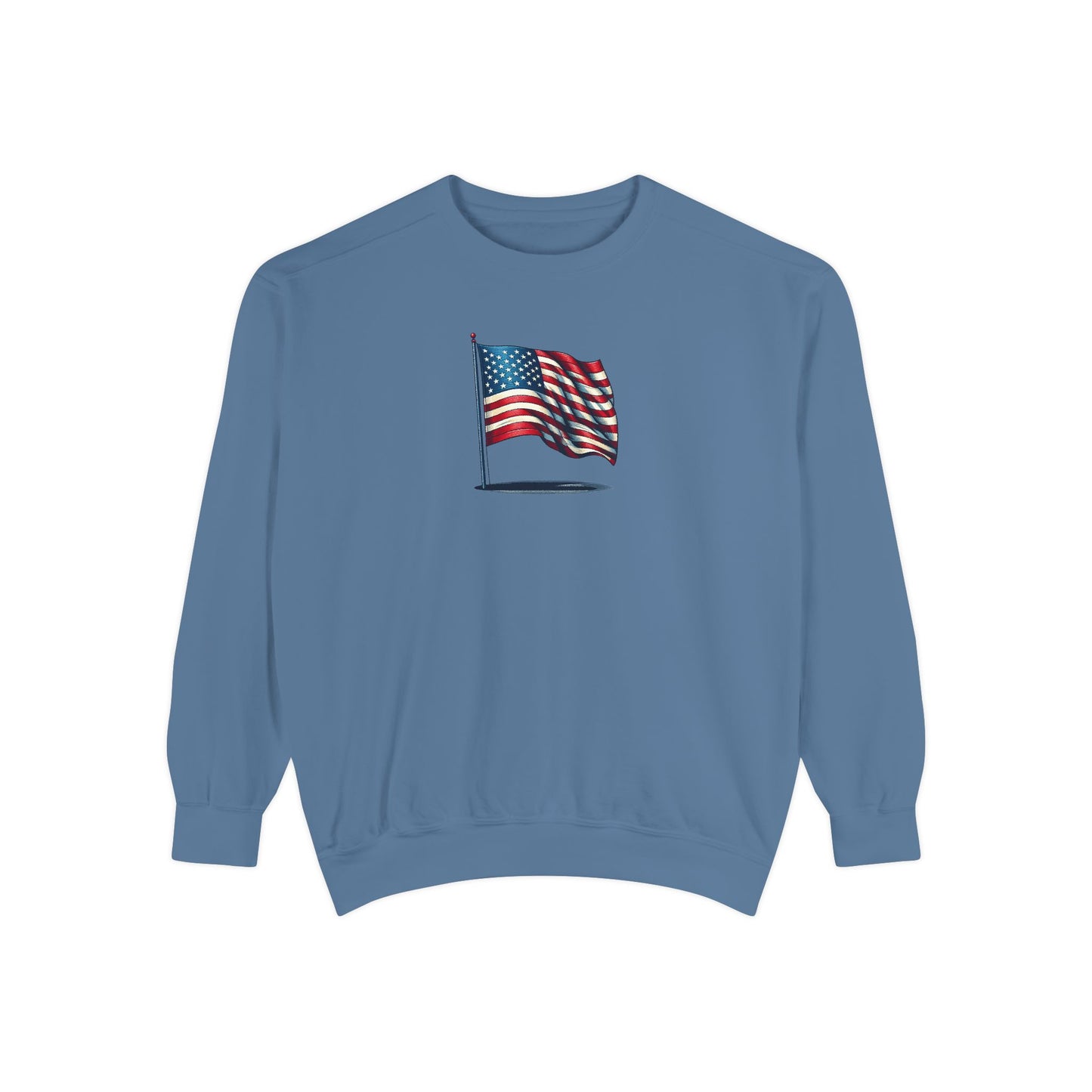 Patriotic Unisex Garment-Dyed Sweatshirt with Vintage American Flag, Cozy Fall Outfit, Statement Sweater, Gift for Veterans, Casual Fashion