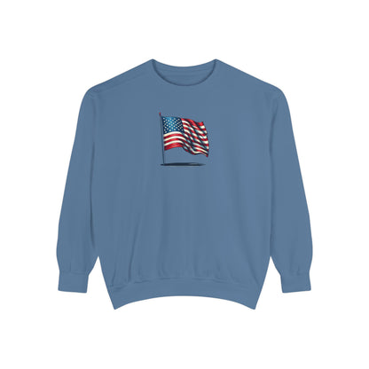 Patriotic Unisex Garment-Dyed Sweatshirt with Vintage American Flag, Cozy Fall Outfit, Statement Sweater, Gift for Veterans, Casual Fashion