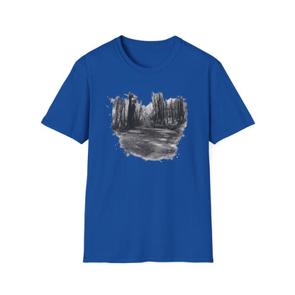 Unisex Softstyle T-Shirt with Abstract Landscape Art, Casual Wear, Gift for Art Lovers, Everyday Fashion, Nature Inspired Tee