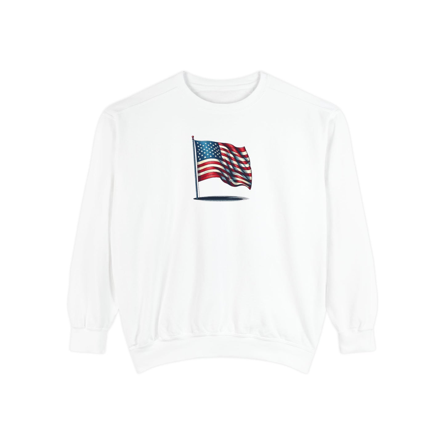 Patriotic Unisex Garment-Dyed Sweatshirt with Vintage American Flag, Cozy Fall Outfit, Statement Sweater, Gift for Veterans, Casual Fashion