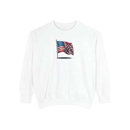 Patriotic Unisex Garment-Dyed Sweatshirt with Vintage American Flag, Cozy Fall Outfit, Statement Sweater, Gift for Veterans, Casual Fashion