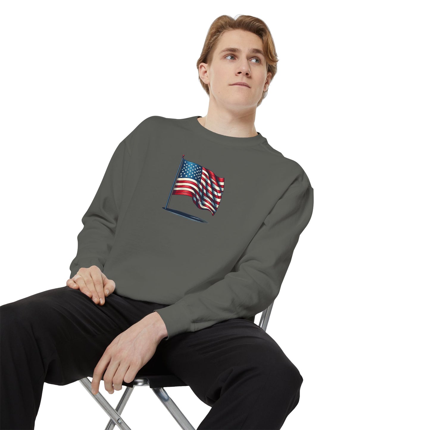 Patriotic Unisex Garment-Dyed Sweatshirt with Vintage American Flag, Cozy Fall Outfit, Statement Sweater, Gift for Veterans, Casual Fashion