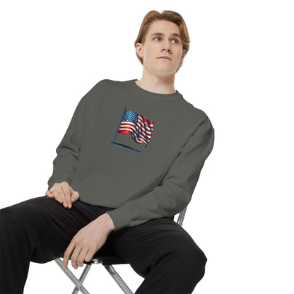 Patriotic Unisex Garment-Dyed Sweatshirt with Vintage American Flag, Cozy Fall Outfit, Statement Sweater, Gift for Veterans, Casual Fashion