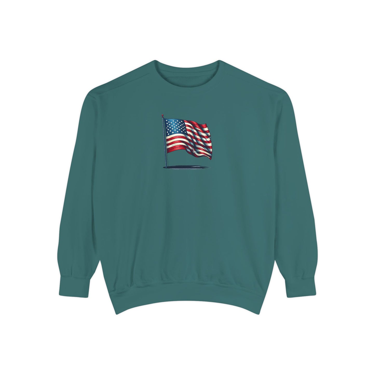 Patriotic Unisex Garment-Dyed Sweatshirt with Vintage American Flag, Cozy Fall Outfit, Statement Sweater, Gift for Veterans, Casual Fashion