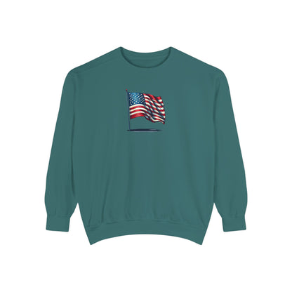 Patriotic Unisex Garment-Dyed Sweatshirt with Vintage American Flag, Cozy Fall Outfit, Statement Sweater, Gift for Veterans, Casual Fashion